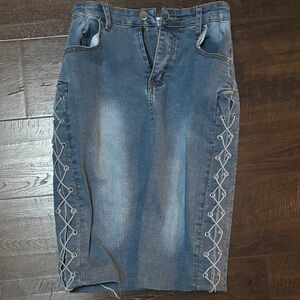 Denim Pencil Skirt with Lace-Up Detail